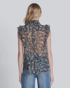 7 For All Mankind Sleeveless Ruffle Top In Black/White Print -Sleek Fit Style 1e96c8584334ccf27f286b15695bb761