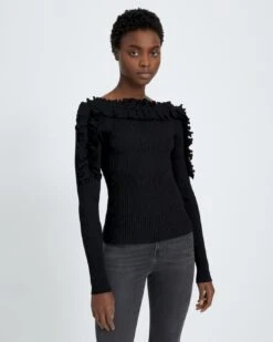 7 For All Mankind Long Sleeve Ruffle Top In Black