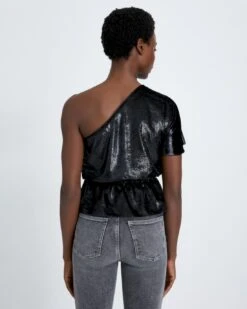 7 For All Mankind One Shoulder Ruffle Blouse In Black Shine -Sleek Fit Style 47cd1588bd3d17db9cae82ba69c78772