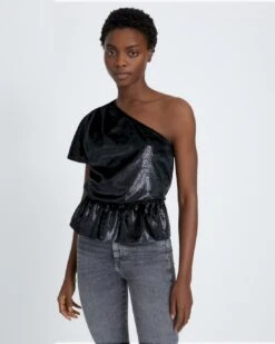 7 For All Mankind One Shoulder Ruffle Blouse In Black Shine