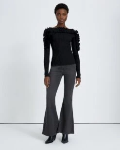 7 For All Mankind Long Sleeve Ruffle Top In Black -Sleek Fit Style 60d8841cbf6a3f2f1d3aeb338153254d