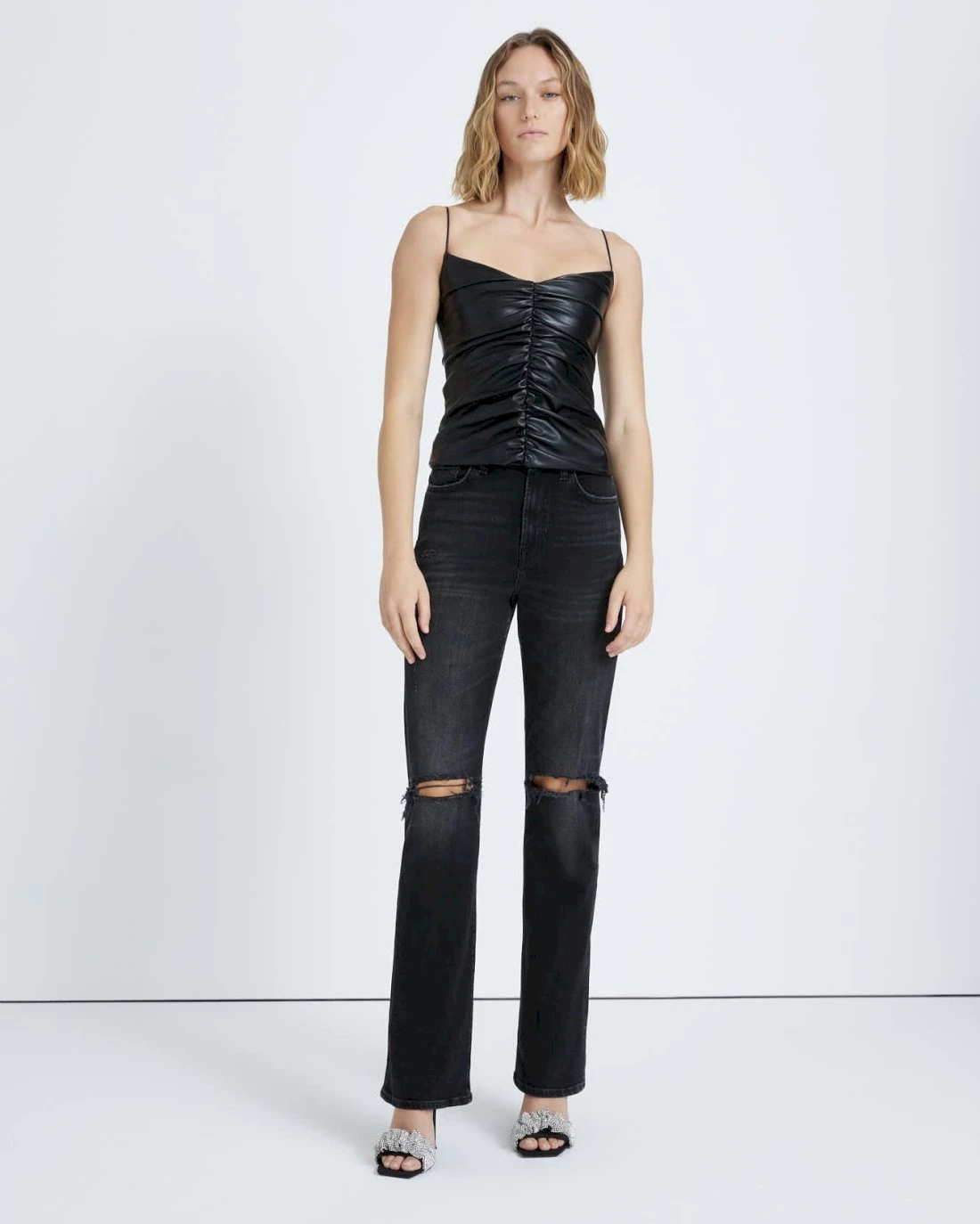 7 For All Mankind Faux Leather Ruched Cami In Black 5 7 For All Mankind Faux Leather Ruched Cami In Black - Image 3