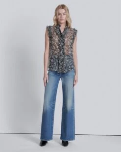 7 For All Mankind Sleeveless Ruffle Top In Black/White Print -Sleek Fit Style 776701729bfb026c73d164d42771552c