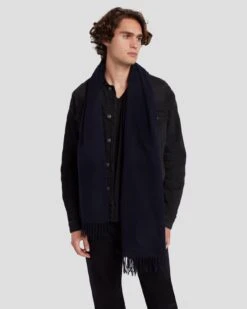 7 For All Mankind Cashmere Blend Scarf In Navy -Sleek Fit Style 7A989406 NVY 2