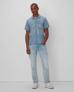 7 For All Mankind Short Sleeve Camp Collar Denim Shirt In Midpines -Sleek Fit Style 7M906882 MDP 05