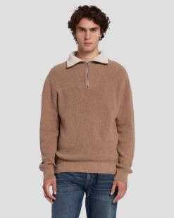 7 For All Mankind Half Zip Sweater In Sand