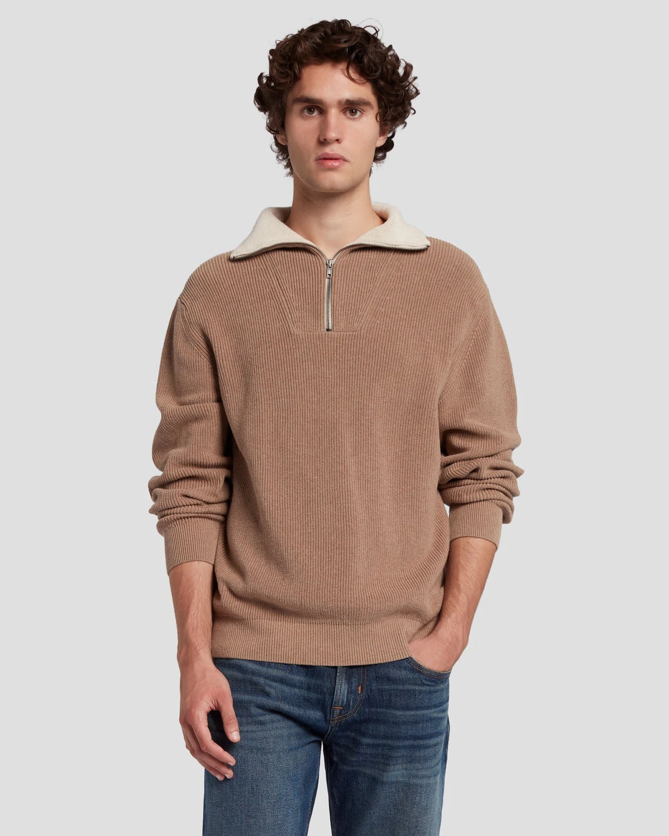 7 For All Mankind Half Zip Sweater In Sand 5 7 For All Mankind Half Zip Sweater In Sand - Image 3