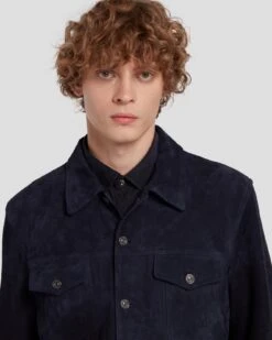 7 For All Mankind Suede Trucker In Navy -Sleek Fit Style 7MSEML01 NVY 3