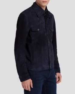 7 For All Mankind Suede Trucker In Navy -Sleek Fit Style 7MSEML01 NVY 5