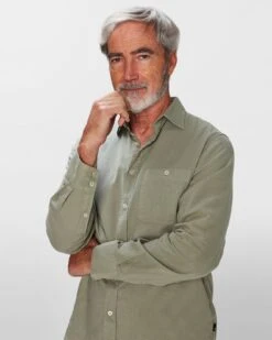 7 For All Mankind Linen Blend Button Up Shirt In Pewter Green