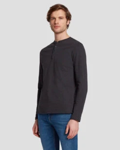 7 For All Mankind Long Sleeve Henley In Naval Blue