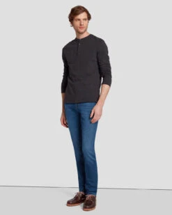 7 For All Mankind Long Sleeve Henley In Naval Blue -Sleek Fit Style 7MSPMH37 NVB 6