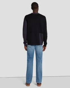 7 For All Mankind Merino Patchwork Sweater In Navy -Sleek Fit Style 7MZHMH12 NVY 4