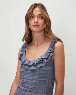 7 For All Mankind Crochet Front Tank In Denim Blue -Sleek Fit Style 7N005C72 DNB 03