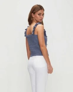 7 For All Mankind Crochet Front Tank In Denim Blue -Sleek Fit Style 7N005C72 DNB 04