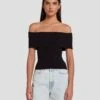 7 For All Mankind Off The Shoulder Ribbed Top In Black -Sleek Fit Style 7N116F23 BLK 1