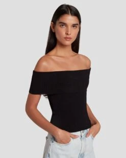 7 For All Mankind Off The Shoulder Ribbed Top In Black 10 7 For All Mankind Off The Shoulder Ribbed Top In Black -Sleek Fit Style 7N116F23 BLK 3