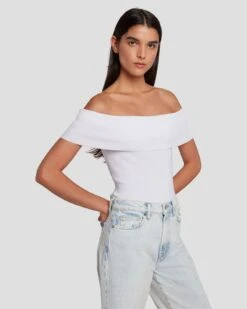 7 For All Mankind Off The Shoulder Ribbed Top In Bright White 12 7 For All Mankind Off The Shoulder Ribbed Top In Bright White -Sleek Fit Style 7N116F23 BRW 5