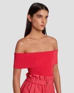 7 For All Mankind Off The Shoulder Ribbed Top In Geranium -Sleek Fit Style 7N116F23 GER 3