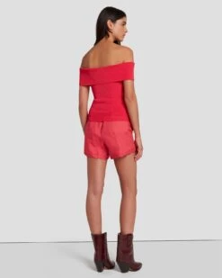7 For All Mankind Off The Shoulder Ribbed Top In Geranium -Sleek Fit Style 7N116F23 GER 4
