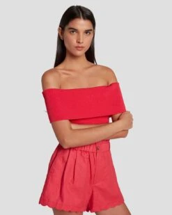 7 For All Mankind Off The Shoulder Ribbed Top In Geranium -Sleek Fit Style 7N116F23 GER 5
