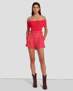 7 For All Mankind Off The Shoulder Ribbed Top In Geranium -Sleek Fit Style 7N116F23 GER 6