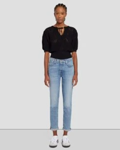 7 For All Mankind Short Sleeve Crochet Sweater In Black 10 7 For All Mankind Short Sleeve Crochet Sweater In Black -Sleek Fit Style 7N118C72 BLK 1