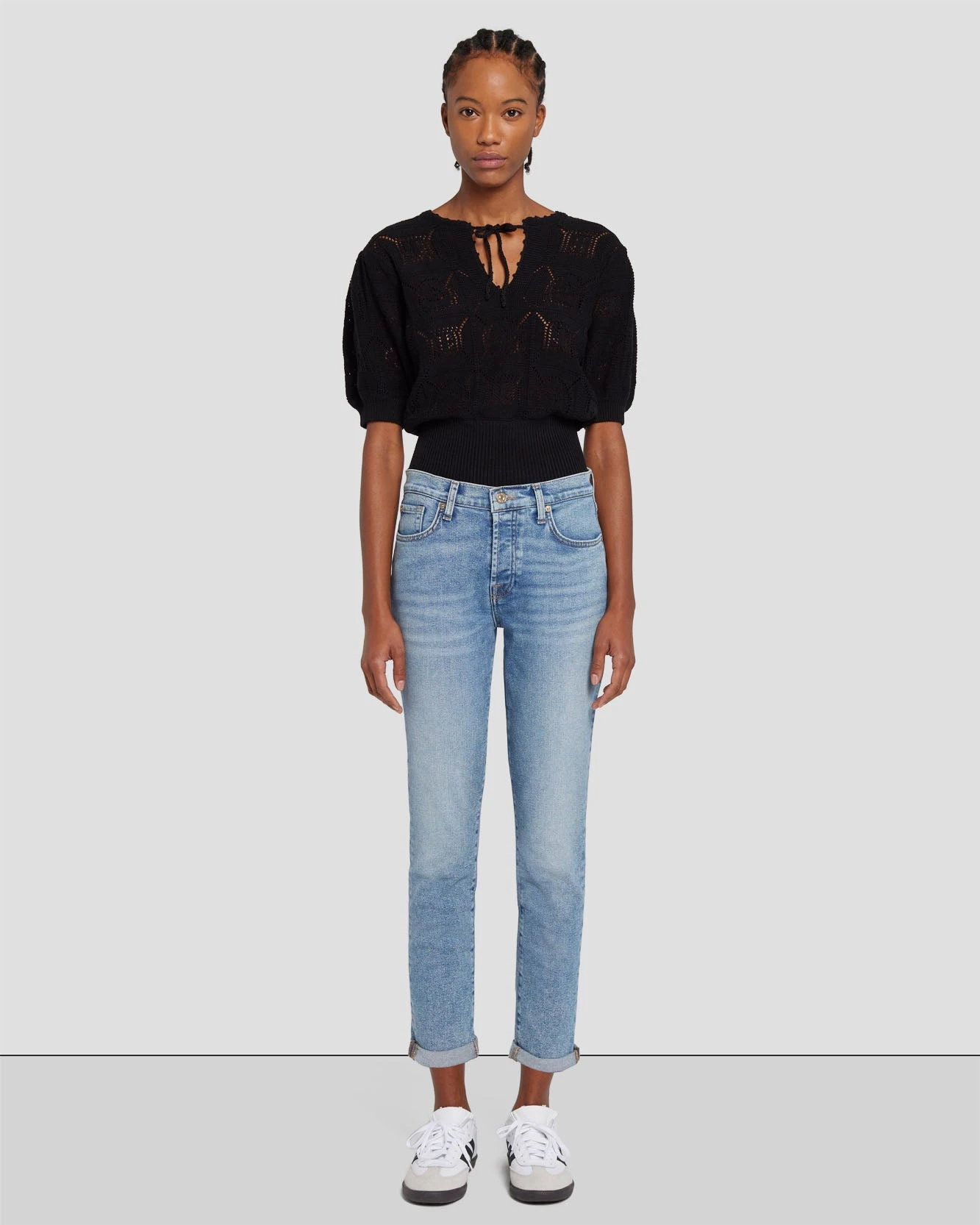 7 For All Mankind Short Sleeve Crochet Sweater In Black 5 7 For All Mankind Short Sleeve Crochet Sweater In Black - Image 3