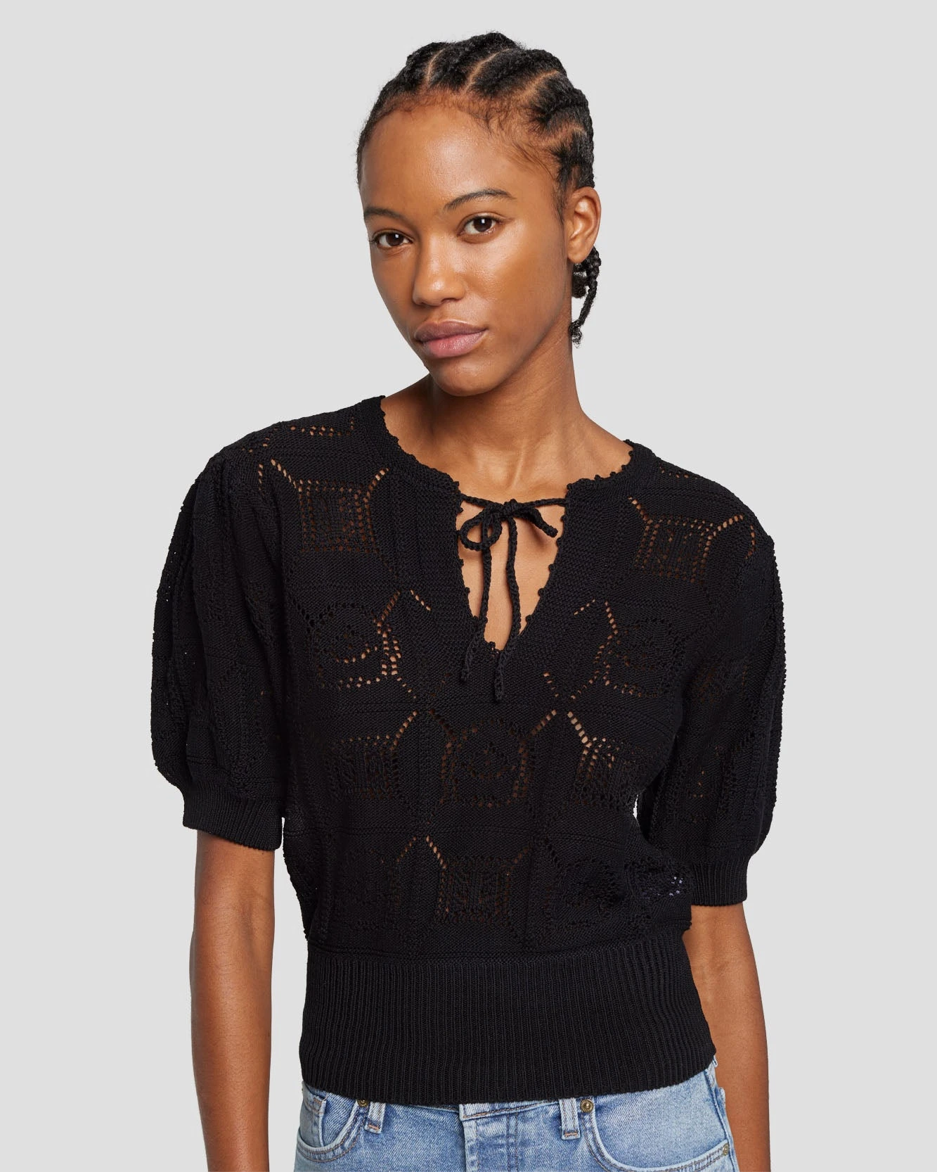 7 For All Mankind Short Sleeve Crochet Sweater In Black 4 7 For All Mankind Short Sleeve Crochet Sweater In Black - Image 2