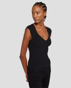 7 For All Mankind Sweetheart Rib Top In Black -Sleek Fit Style 7N119D35 BLK 3
