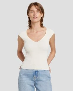 7 For All Mankind Sweetheart Rib Top In Cream