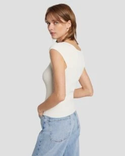 7 For All Mankind Sweetheart Rib Top In Cream -Sleek Fit Style 7N119D35 CRM 3