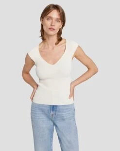 7 For All Mankind Sweetheart Rib Top In Cream -Sleek Fit Style 7N119D35 CRM 5