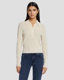 7 For All Mankind Quarter Zip Polo Sweater In Cream