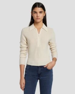 7 For All Mankind Quarter Zip Polo Sweater In Cream -Sleek Fit Style 7N120F35 CRM 5
