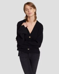 7 For All Mankind Cashmere Cardigan In Black -Sleek Fit Style 7N123F34 BLK 6