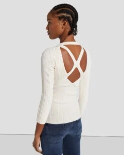 7 For All Mankind Open Back Knit Top In Cream -Sleek Fit Style 7N124D35 CRM 3