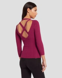 7 For All Mankind Open Back Knit Top In Raspberry -Sleek Fit Style 7N124D35 RBR 6