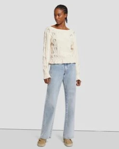 7 For All Mankind Floral Cable Knit Sweater In Cream -Sleek Fit Style 7N125F46 CRM 4
