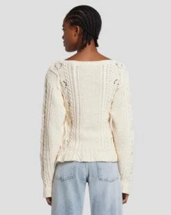 7 For All Mankind Floral Cable Knit Sweater In Cream -Sleek Fit Style 7N125F46 CRM 5