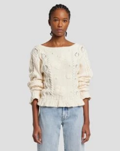 7 For All Mankind Floral Cable Knit Sweater In Cream -Sleek Fit Style 7N125F46 CRM 6