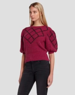 7 For All Mankind Puff Diamond Sweater In Raspberry