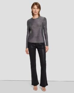 7 For All Mankind Long Sleeve Shimmer Top In Gunmetal -Sleek Fit Style 7N260F40 GNM 3