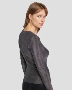 7 For All Mankind Long Sleeve Shimmer Top In Gunmetal -Sleek Fit Style 7N260F40 GNM 5