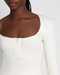 7 For All Mankind Quarter Zip Ribbed Top In Antique White -Sleek Fit Style 7N331F08 ANW 3