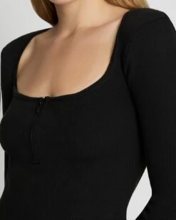 7 For All Mankind Quarter Zip Ribbed Top In Moonless Night -Sleek Fit Style 7N331F08 MLN 3