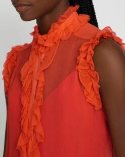 7 For All Mankind Silk Sleeveless Ruffle Top In Koi -Sleek Fit Style 7N480D45 KOI 3