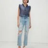 7 For All Mankind Sleeveless Lurex Stripe Ruffle Collar Shirt In Denim Blue 1 7 For All Mankind Sleeveless Lurex Stripe Ruffle Collar Shirt In Denim Blue -Sleek Fit Style 7N515C55 DBM 01