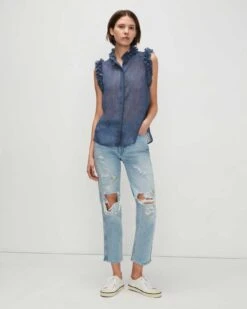 7 For All Mankind Sleeveless Lurex Stripe Ruffle Collar Shirt In Denim Blue -Sleek Fit Style 7N515C55 DBM 02