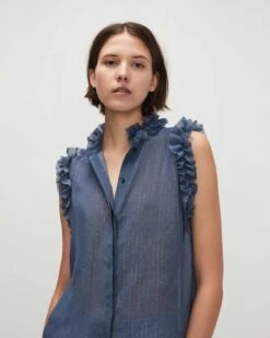 7 For All Mankind Sleeveless Lurex Stripe Ruffle Collar Shirt In Denim Blue -Sleek Fit Style 7N515C55 DBM 03